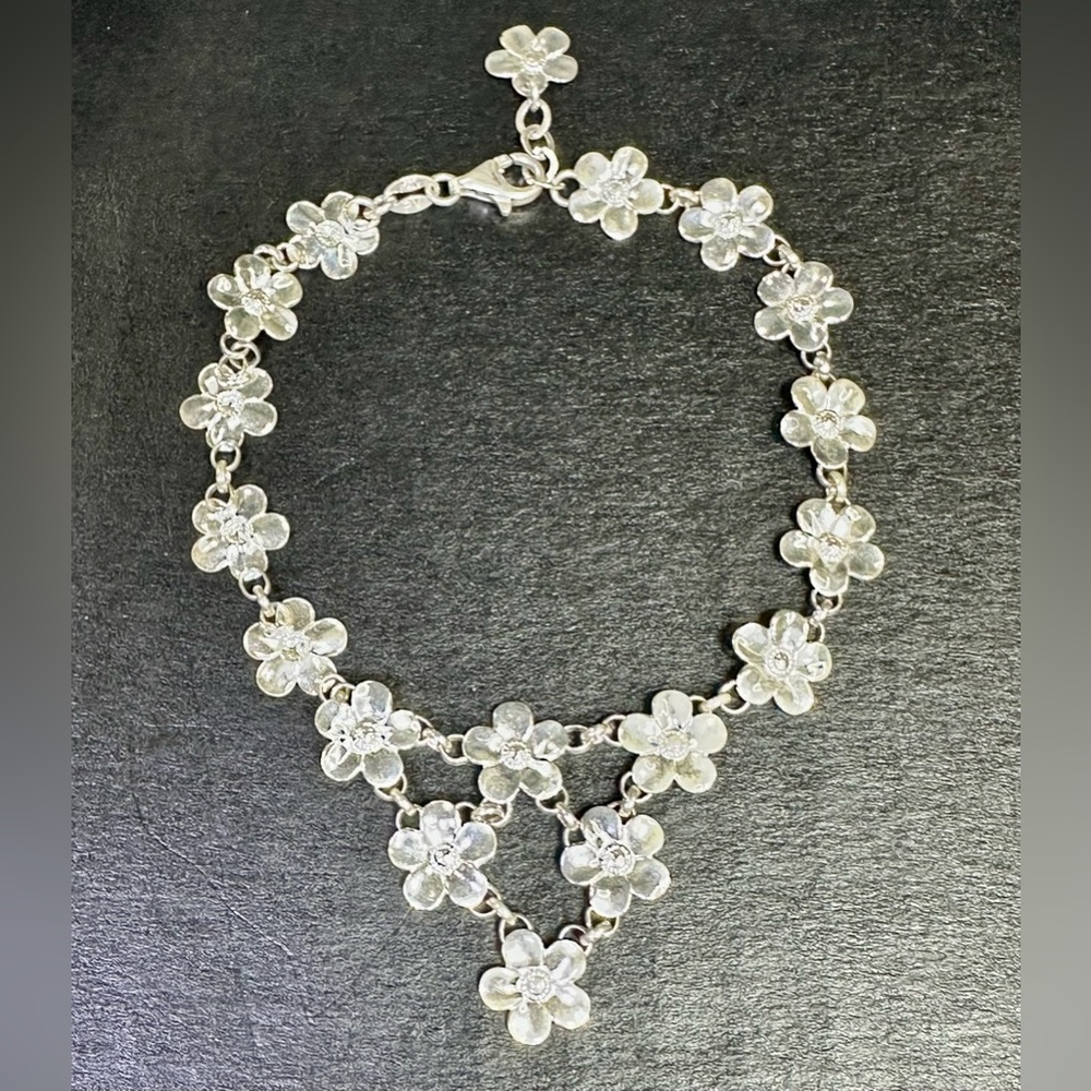 925 Silver Paola Valentini Dainty Flower Anklet or Child’s Bib 9.5” Lot#671